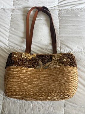 Handwoven Straw Tote Bag with Brown Beaded Trim and Leather Handles